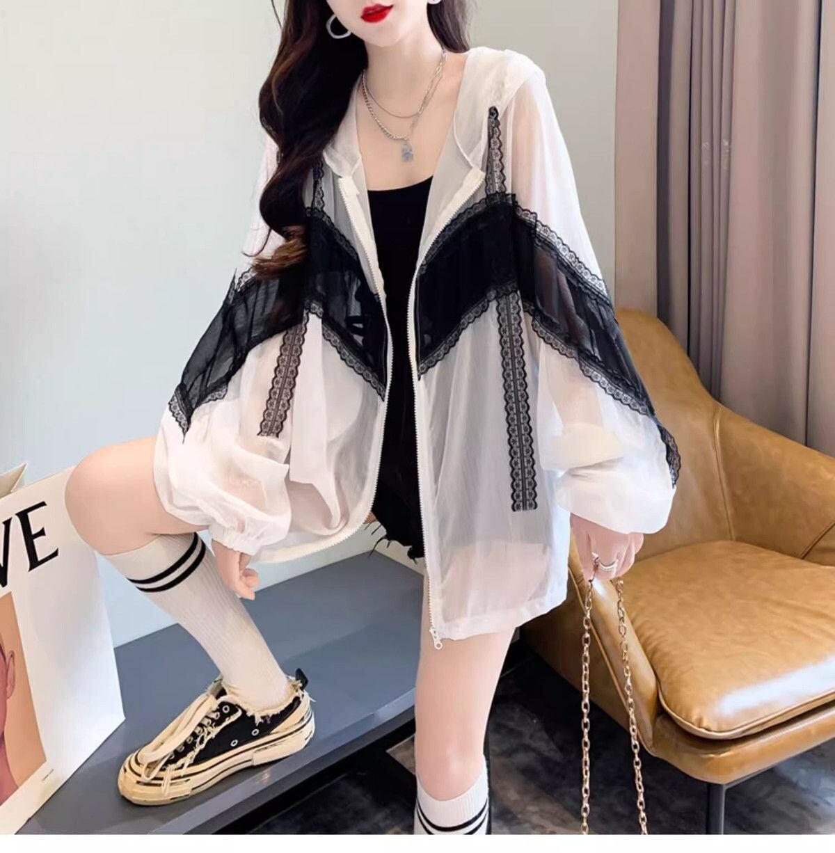 超人気 レース おしゃれ度高め 切り替え 日焼け対策 全2色 パーカー コートE-9143