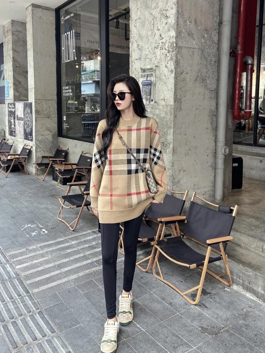 レトロ ラウンドネック オシャレ度満点 チェック柄 長袖 ニット セーターE-6808