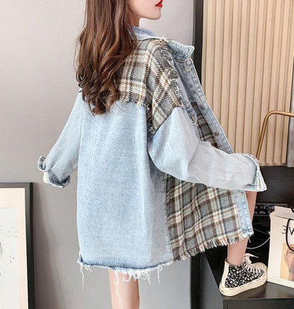 絶対流行 ファッション 活躍する優秀アイテム チェック柄 切り替え デニム Tシャツ E-9264