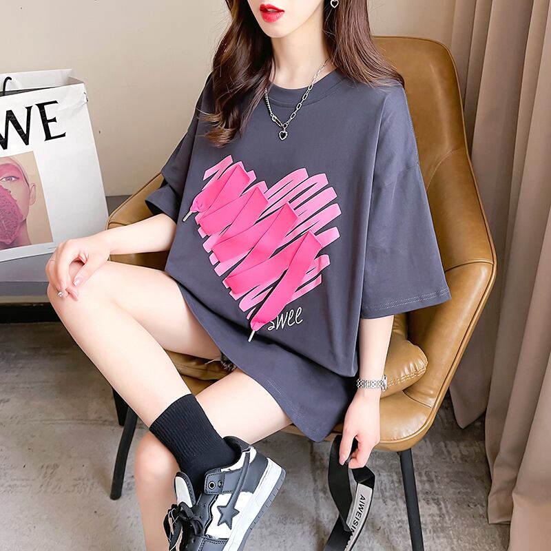 柔らかくて優しい印象 ゆったり ファッション感満々 ロング丈 3色半袖TシャツE-9206