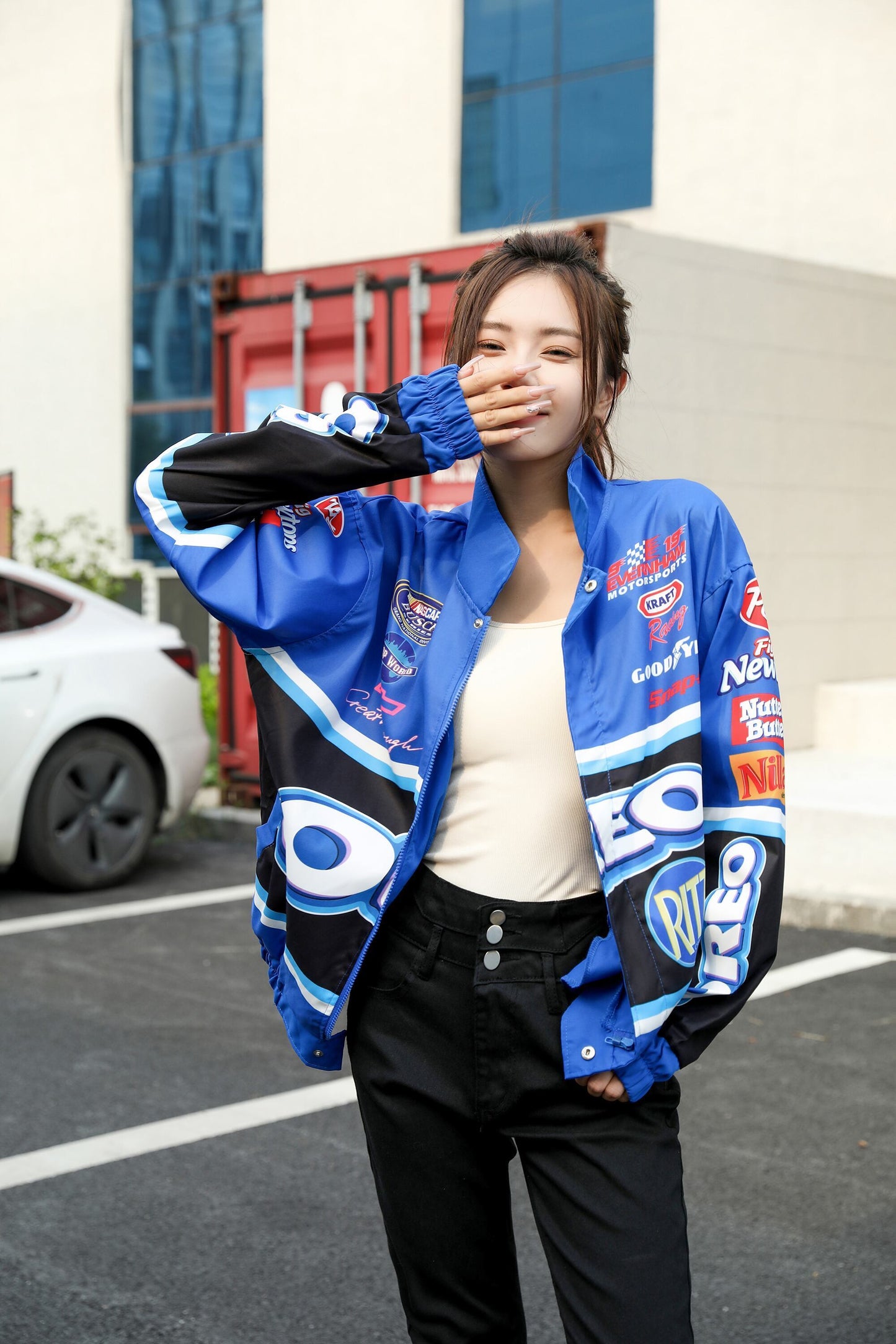 【人気急上昇中】ユニセックス   スポーティーなブループリントのカジュアルジャージE-5090