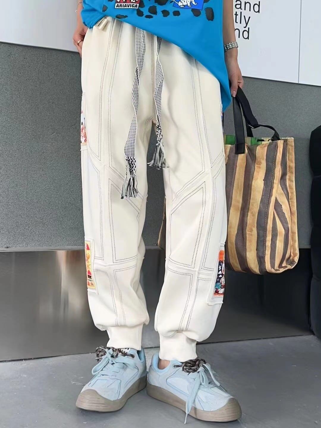 大活躍 高見えデザイン スタイルアップ効果抜群 切り替え プリント 全4色 カジュアルパンツE-9358