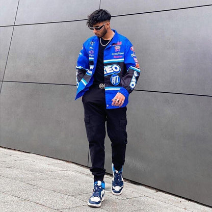 【人気急上昇中】ユニセックス   スポーティーなブループリントのカジュアルジャージE-5090