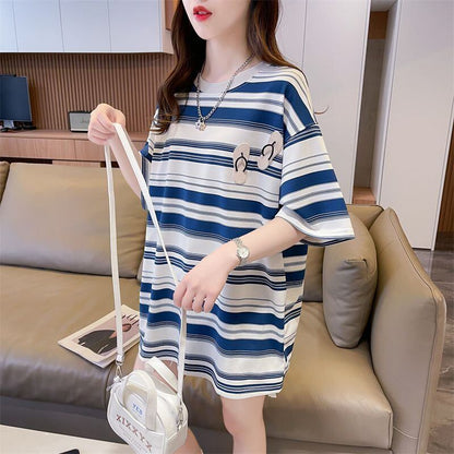 存在感抜群 ストライプ柄 トレンドアイテム カジュアル ゆったり 全2色 半袖TシャツE-9322