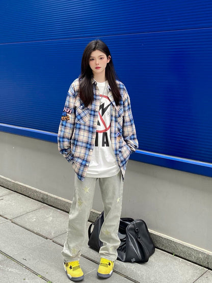 存在感抜群 カジュアル トレンドアイテム チェック柄 刺繍 全2色 シャツ E-9163