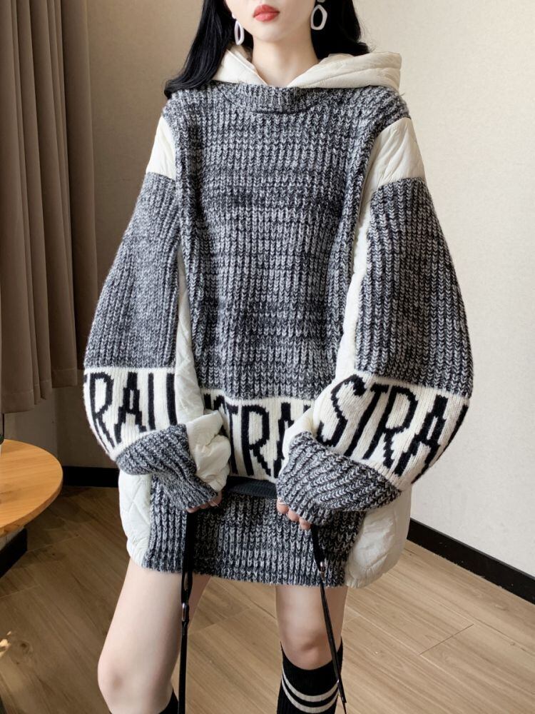 今季も大流行 個性的なデザイン 目を奪われる 切り替え 2色選択 ニットトップスE-10695