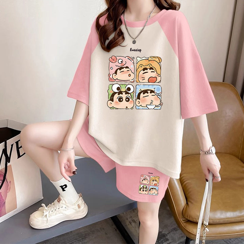 ルーズ レトロ プリント Tシャツ + ショートパンツ セットアップ E-13278