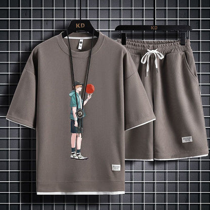 男女兼用 上質 プリント Tシャツ & ショーツ セットアップ E-13247