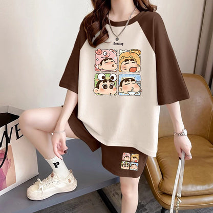 ルーズ レトロ プリント Tシャツ + ショートパンツ セットアップ E-13278