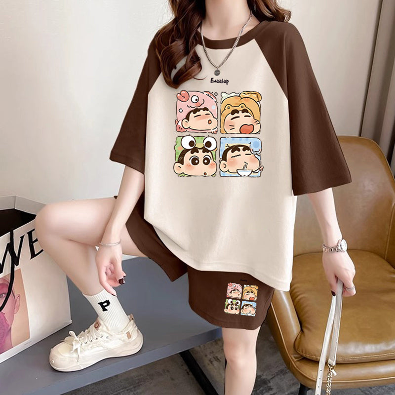 ルーズ レトロ プリント Tシャツ + ショートパンツ セットアップ E-13278