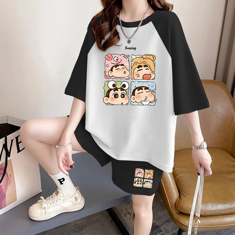 ルーズ レトロ プリント Tシャツ + ショートパンツ セットアップ E-13278