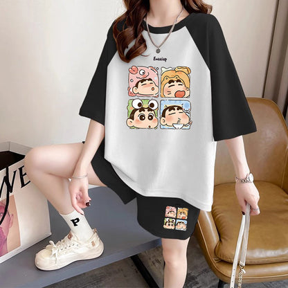 ルーズ レトロ プリント Tシャツ + ショートパンツ セットアップ E-13278