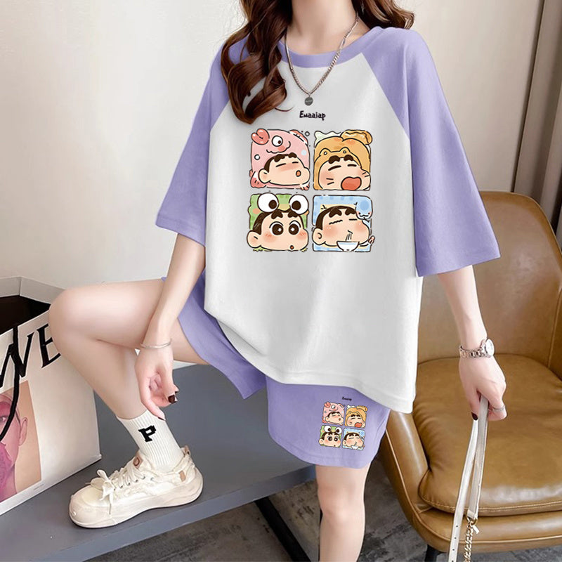 ルーズ レトロ プリント Tシャツ + ショートパンツ セットアップ E-13278