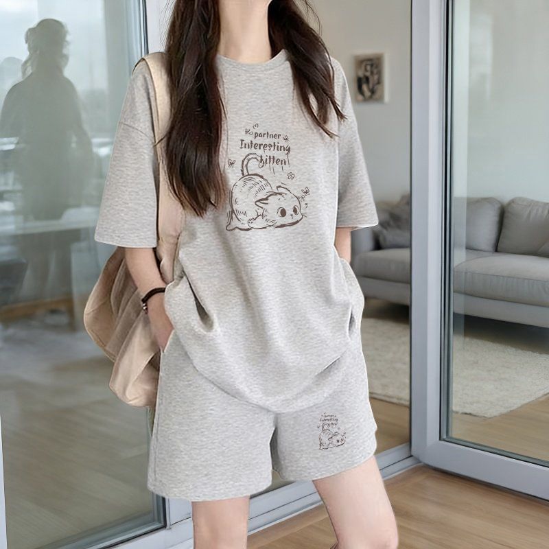 早い者勝ち プリント Tシャツ & ショーツ セットアップ E-80092