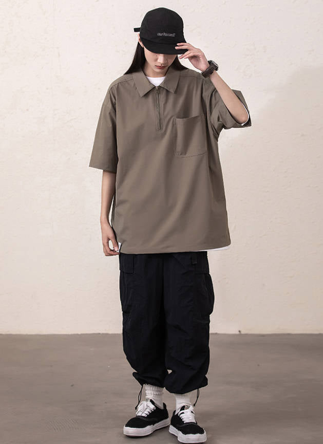 新作 ルーズシルエット ハーフジップ ポケット付き Tシャツ E-13134