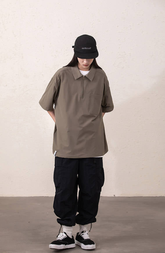 新作 ルーズシルエット ハーフジップ ポケット付き Tシャツ E-13134
