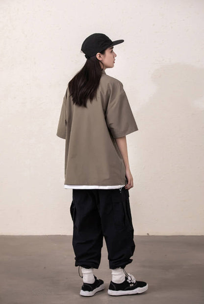 新作 ルーズシルエット ハーフジップ ポケット付き Tシャツ E-13134