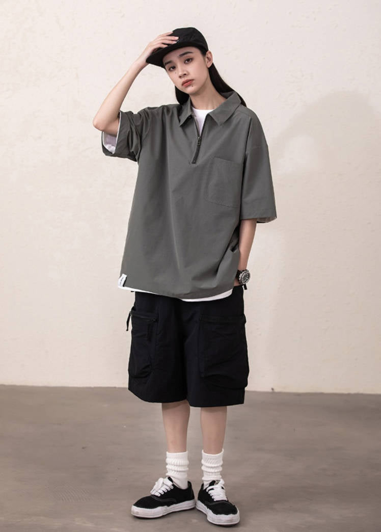 新作 ルーズシルエット ハーフジップ ポケット付き Tシャツ E-13134