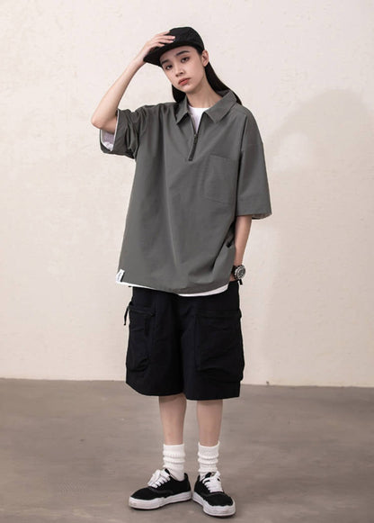 新作 ルーズシルエット ハーフジップ ポケット付き Tシャツ E-13134