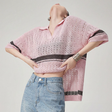 ファッション感満々 透かし編み ポロネック Tシャツ E-80089