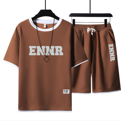 男女兼用 プリント 配色 Tシャツ & ショーツ セットアップ E-80090