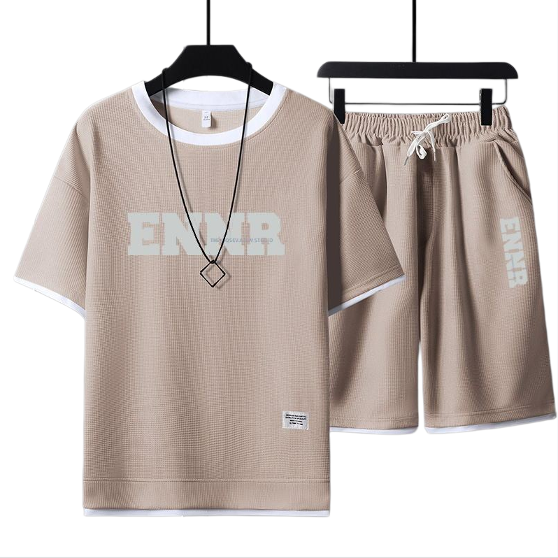 男女兼用 プリント 配色 Tシャツ & ショーツ セットアップ E-80090