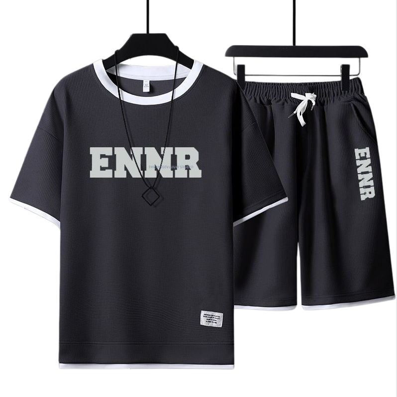 男女兼用 プリント 配色 Tシャツ & ショーツ セットアップ E-80090