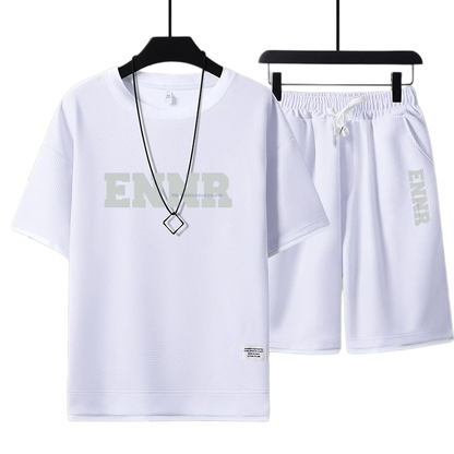 男女兼用 プリント 配色 Tシャツ & ショーツ セットアップ E-80090