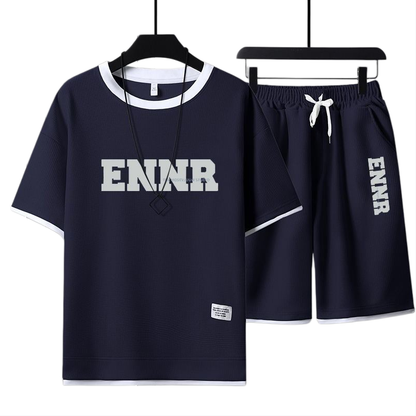 男女兼用 プリント 配色 Tシャツ & ショーツ セットアップ E-80090