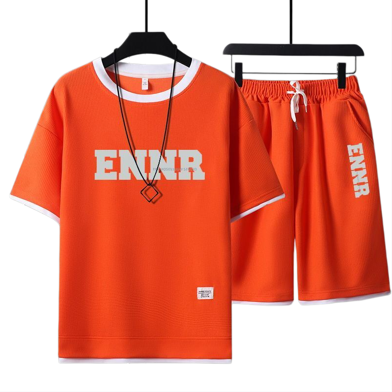 男女兼用 プリント 配色 Tシャツ & ショーツ セットアップ E-80090