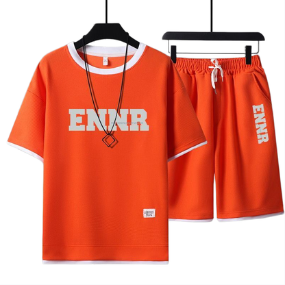 男女兼用 プリント 配色 Tシャツ & ショーツ セットアップ E-80090