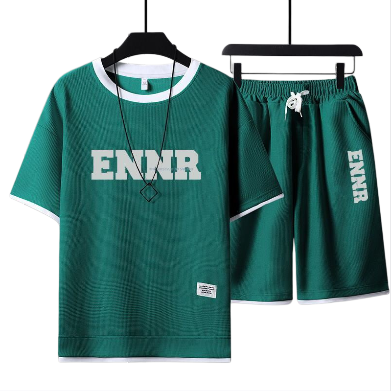 男女兼用 プリント 配色 Tシャツ & ショーツ セットアップ E-80090