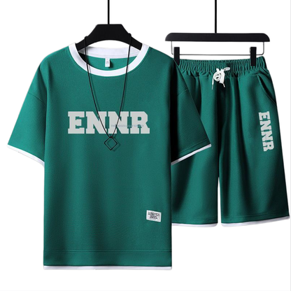 男女兼用 プリント 配色 Tシャツ & ショーツ セットアップ E-80090