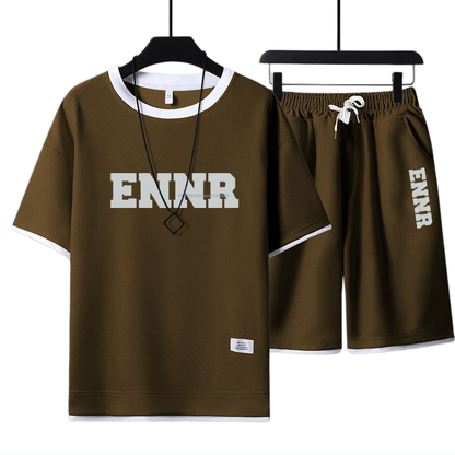 男女兼用 プリント 配色 Tシャツ & ショーツ セットアップ E-80090