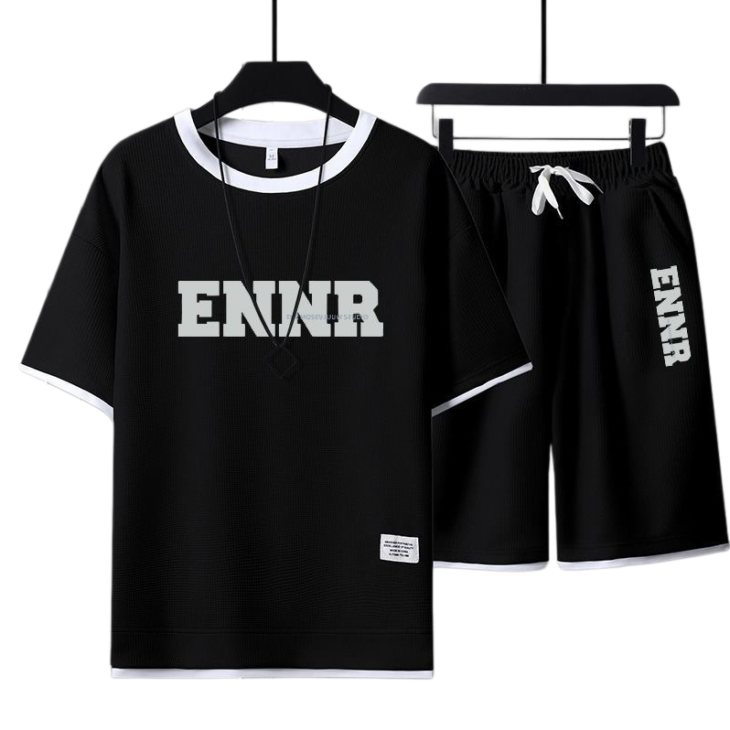 男女兼用 プリント 配色 Tシャツ & ショーツ セットアップ E-80090
