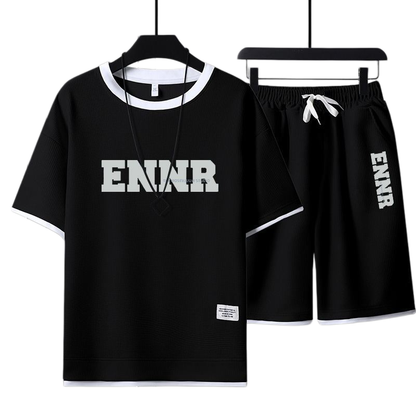 男女兼用 プリント 配色 Tシャツ & ショーツ セットアップ E-80090