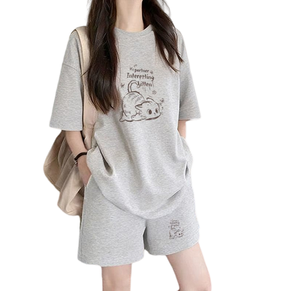早い者勝ち プリント Tシャツ & ショーツ セットアップ E-80092