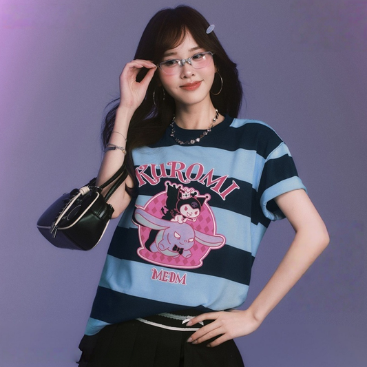 男女兼用 プリント 配色 ボーダー カジュアル Tシャツ F-13497