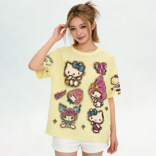 今季人気 クラッシュ加工 手描き風 オーバーサイズ Tシャツ F-13506