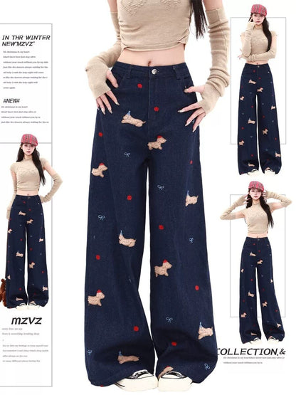 主役級の存在感！個性的なデザイン デニム 刺繍 ワイドパンツE-10604