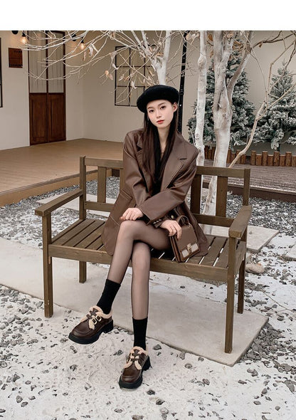 好感度満載 美感いっぱい 太ヒール スクエアトゥ ベルベット ローファー 革靴 2色選択可 シューズE-10551