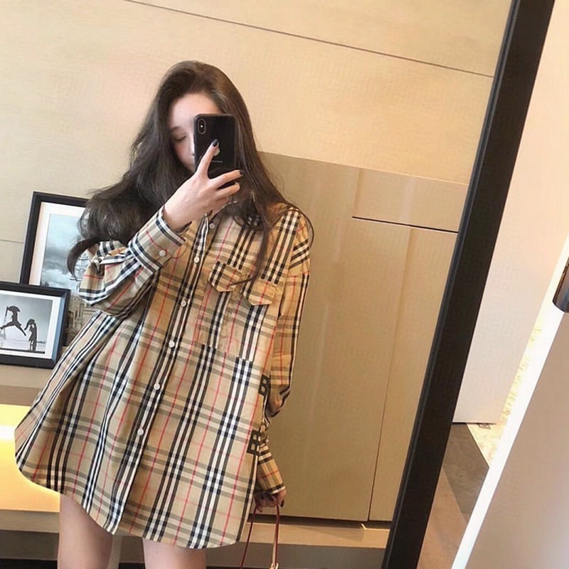 【ランキングNO.5】着痩せ チェック柄 レトロ 長袖 アルファベット シャツ ブラウスE-2144