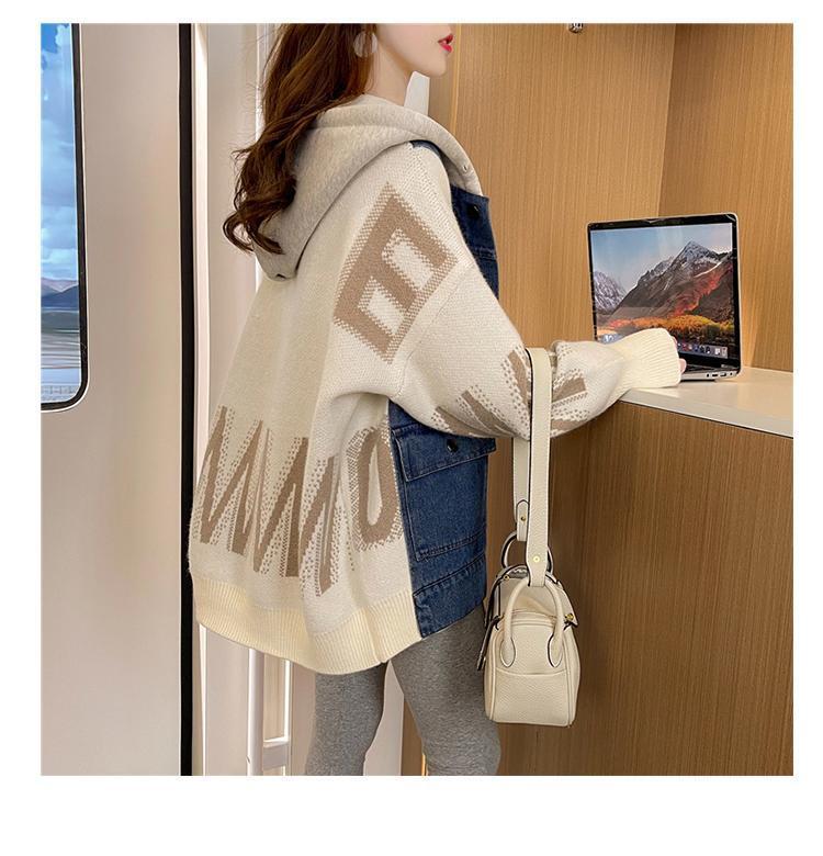 新作デニム切り替えニットフード付きパーカートップス全3色E-4321