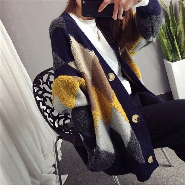 アーガイル オーバーサイズ ボア ニットカーディガン iEf-3833