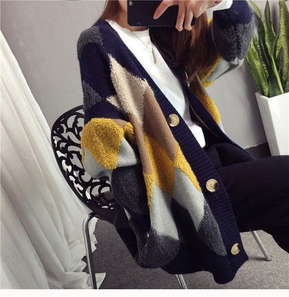 アーガイル オーバーサイズ ボア ニットカーディガン iEf-3833