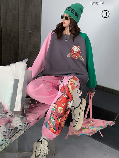 スタイルアップ効果抜群 4色選択 プリント パーカー＋ショートパンツ セットアップE-10456