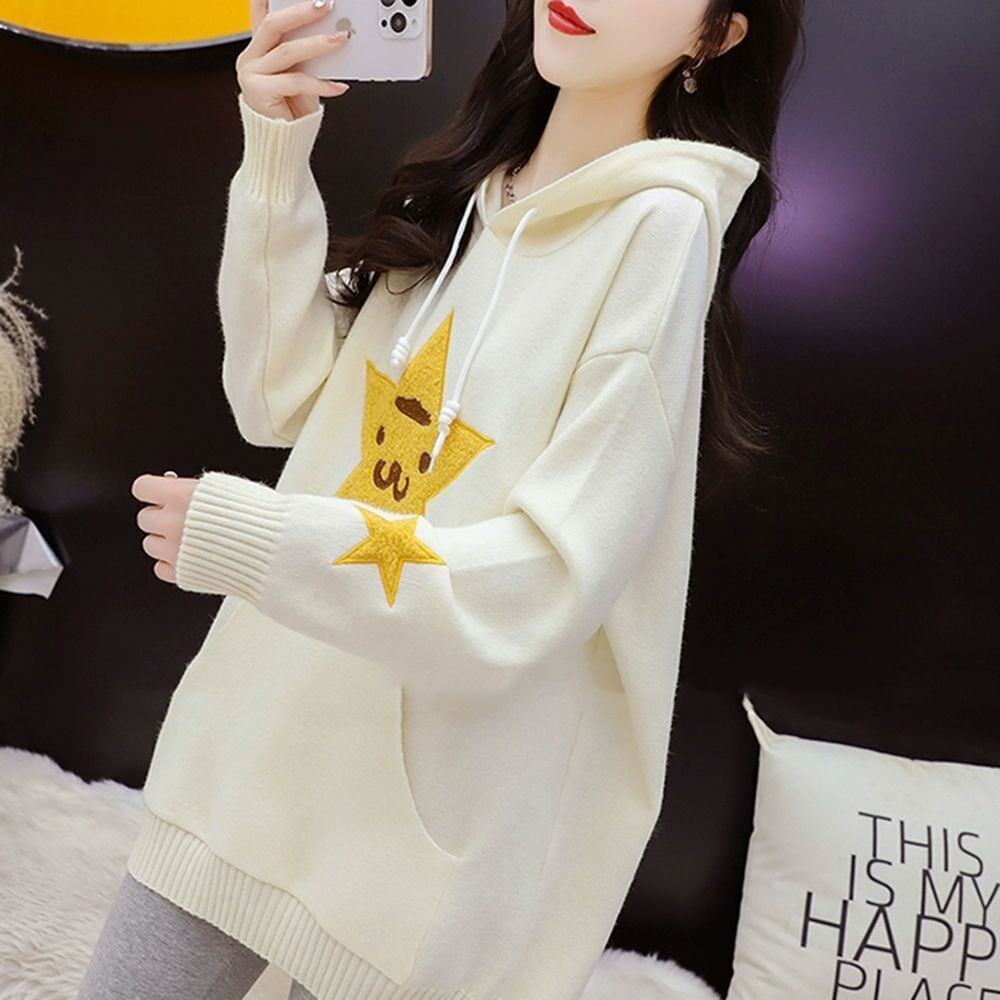 大人可愛い星柄ロゴゆったりフード付きニットパーカ全2色トップスE-4782