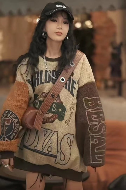 超人気商品刺?ロゴ配色   切り替えボアスウェットE-4389