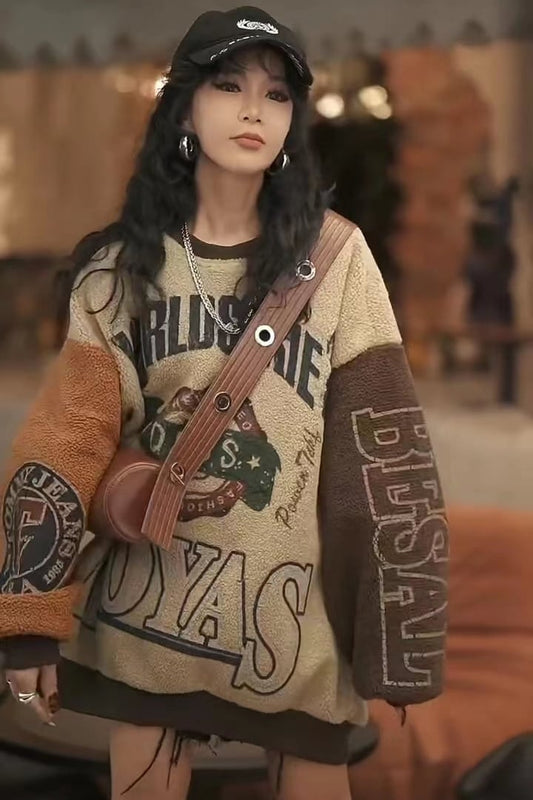 超人気商品刺?ロゴ配色   切り替えボアスウェットE-4389