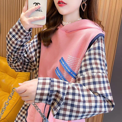 レイヤード風  チェック柄 ロングパーカ全3色トップスE-4803